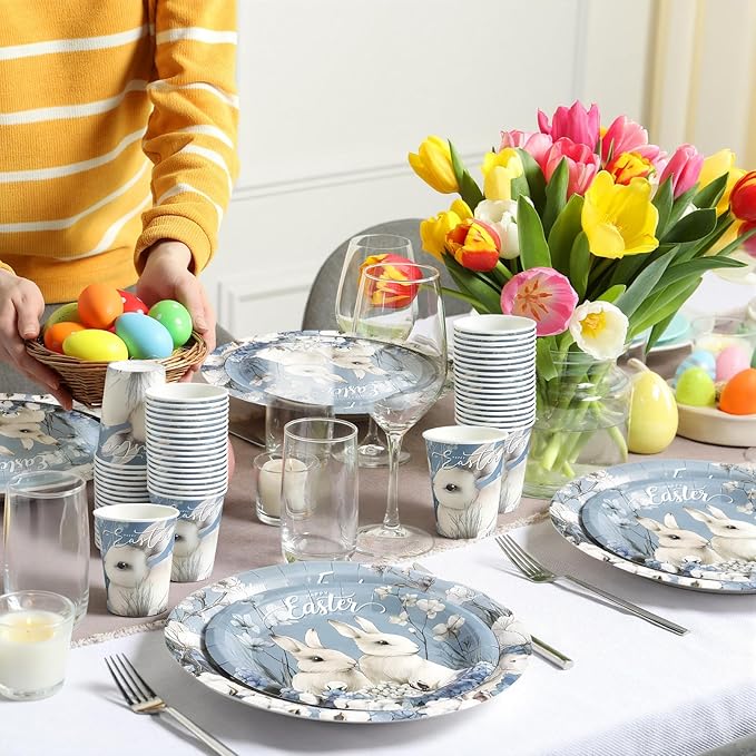 200 Pcs Easter Party Supplies Easter Bunny Hydrangea Decorations Disposable Plates Cups Napkins Set Rustic Farmhouse Tableware Serve 50 Guests Wildflowers Dinnerware for Spring Table Decor