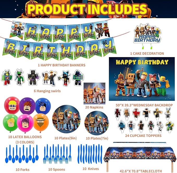 Birthday Party Decorations - Theme Children's Party Supplies Included Happy Birthday Banner, Backdrop, Hanging Swirls, Tablecloth, Cupcake Cake Toppers, Plates, Tableware, Napkins, Balloons