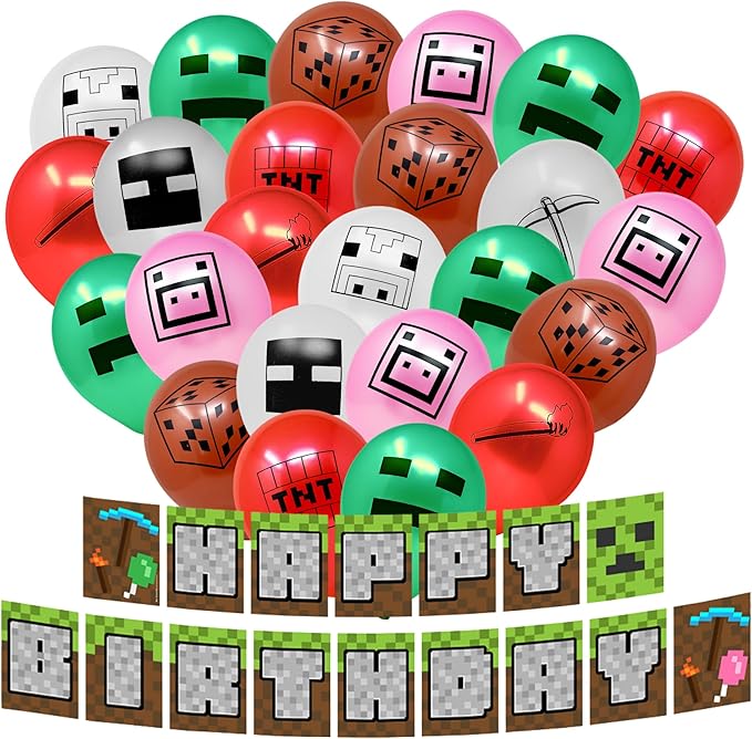 Mining Fun Banner and 48 Pcs Balloons - 10" Printed Latex Balloons, Mining Themed Party Supplies, Mining Party Decorations, Happy Birthday Banner, Pixel Miner Party and Video Game Party Decorations