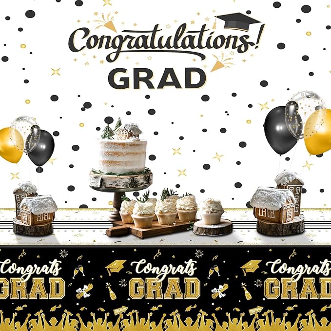 chiazllta Set of 3 Graduation Tablecloths Class of 2026 Congrats Grad Black Graduation Party Tablecover Decorations Party Supplies Large Size Plastic 54"x108"(Black & Gold)