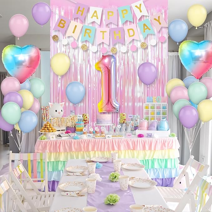 1st Birthday Decorations Rainbow,Gradient Number 1 Balloon,Pastel Happy Birthday Banner Fringe Curtain Heart Foil Balloons Boys Girls First Birthday Decor