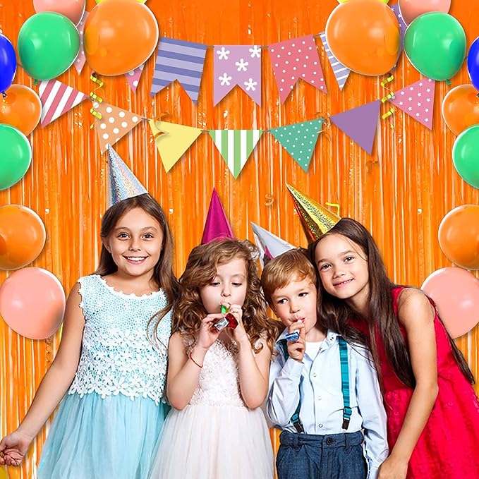 3 Pack Macaron Orange Foil Fringe Curtains Backdrop, 3.28 x 8.2 Ft Metallic Streamers Tinsel Curtains Background for Photo Booth, Birthday, Halloween, Christmas, New Year Party Decorations