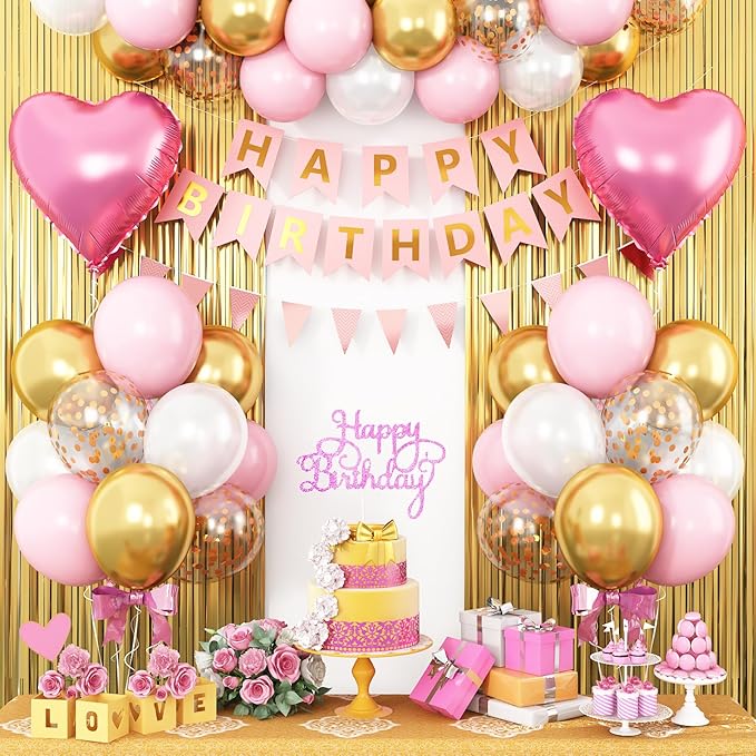 Pink Gold Birthday Decorations for Girls,Happy Birthday Decorations for Women,Gold Fringe Curtain Happy Birthday Banner Pink Heart Foil Balloons for Birthday Party Decoration