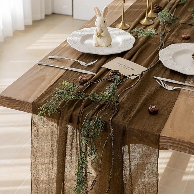 Keketoarrange 6pcs Coffee Gauze Rustic Cheesecloth Table Runner 120 Inch 10 FT for Wedding Baby Shower Bridal Shower Birthday Engagement Garden Outdoor Party Long Sheer Boho Decorations