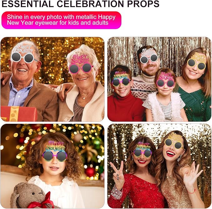 Happy New Year Metallic Glasses Shiny 2026 Party Eyeglasses for Adults & Kids Fun NYE Accessories & Photo Booth Props