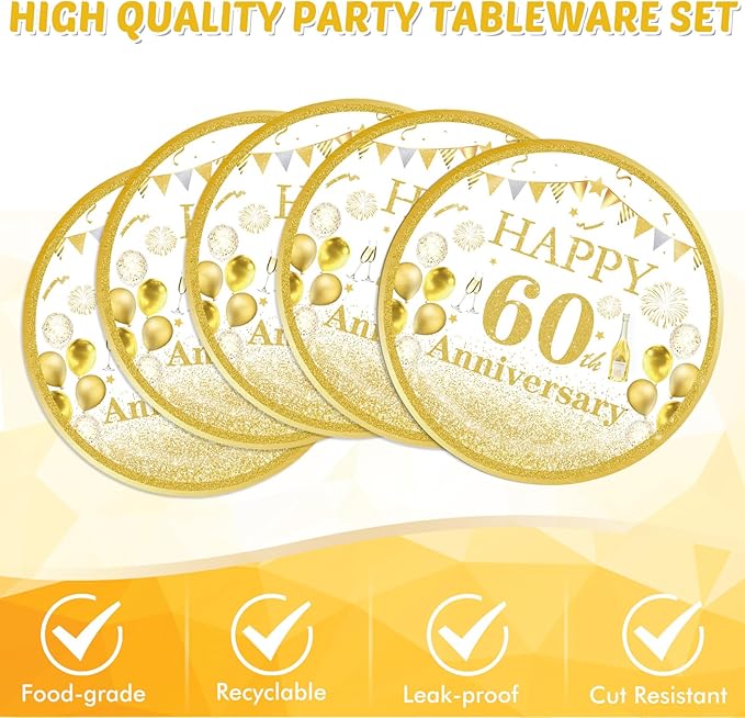 41 PCS Gold Birthday Decorations 60th Party Tableware 1964 60th Theme Birthday Party Table Decoration Supplies Cheers to 60 Years Paper Plate Napkin Tablecloth for Men Women 60th Birthday Anniversary