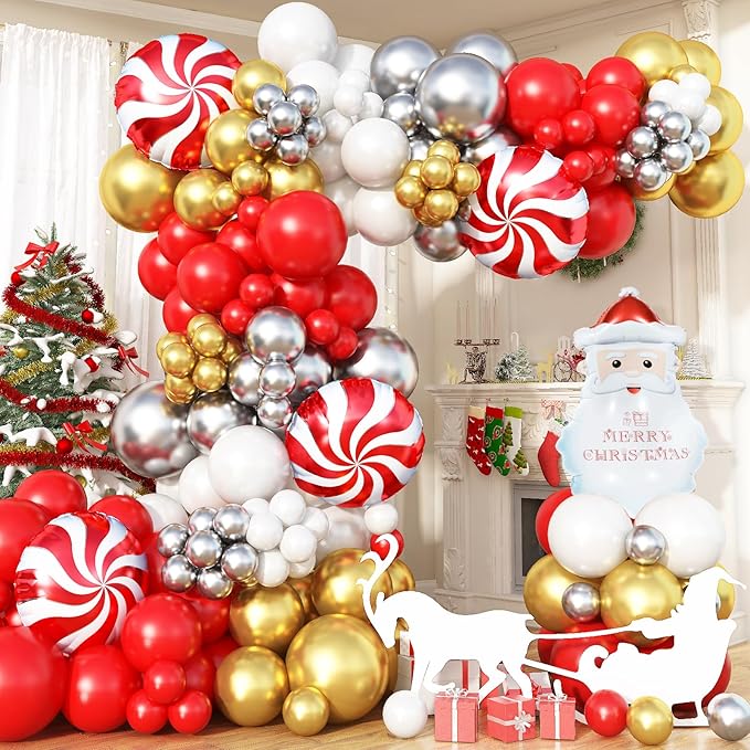 Christmas Balloon Arch Garland Kit, 135Pcs Red White Gold Silver Xmas Balloon with Candy Santa Claus Foil Balloons for Merry Christmas Holiday Birthday Baby Shower Winter New Year Party Decorations
