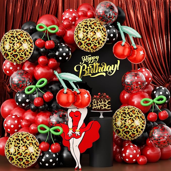 JOGAMS 172Pcs Betty Party Decorations,Cheetah Print Red Black Party Decorations with Confetti Polk Dot Cherry Cheetah Print Green 260 Balloons for Bachelorette Birthday Baby Shower Vintage Retro Party