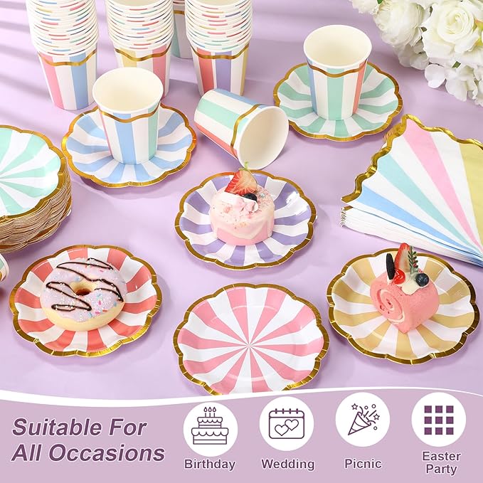 Yungyan 108 Pcs 36 Guest Pastel Party Plates and Napkins Gold Foil Scalloped Edge 6" Paper Dessert Plates and Striped Pastel 9 oz Cup Disposable Tableware Set for Birthday Wedding Baby Shower Supplies