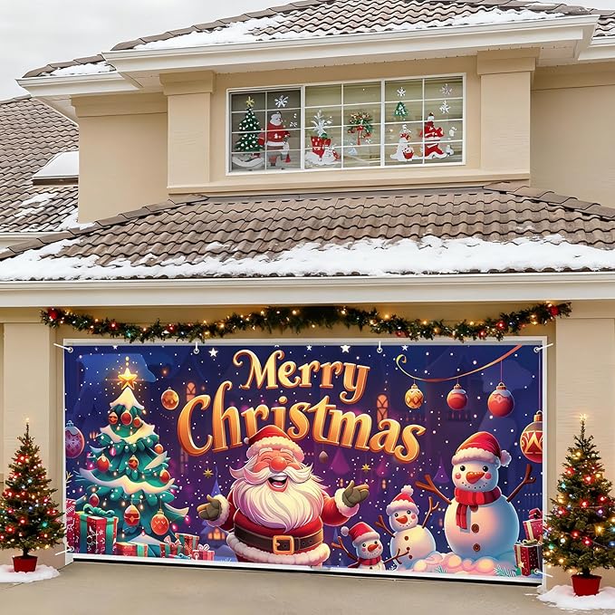 7 x 16 ft Christmas Garage Door Decorations Merry Christmas decorations Xmas Garage Door Cover, Happy New Year Hanging Banner for Home,Outdoor,Indoor,Party