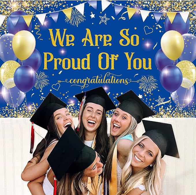Blue Gold Congratulations We are So Proud of You Backdrop Banner Photography Background Hanging Party Supplies for Graduation Party Decorations Class of 2026 72.8 * 43.3in