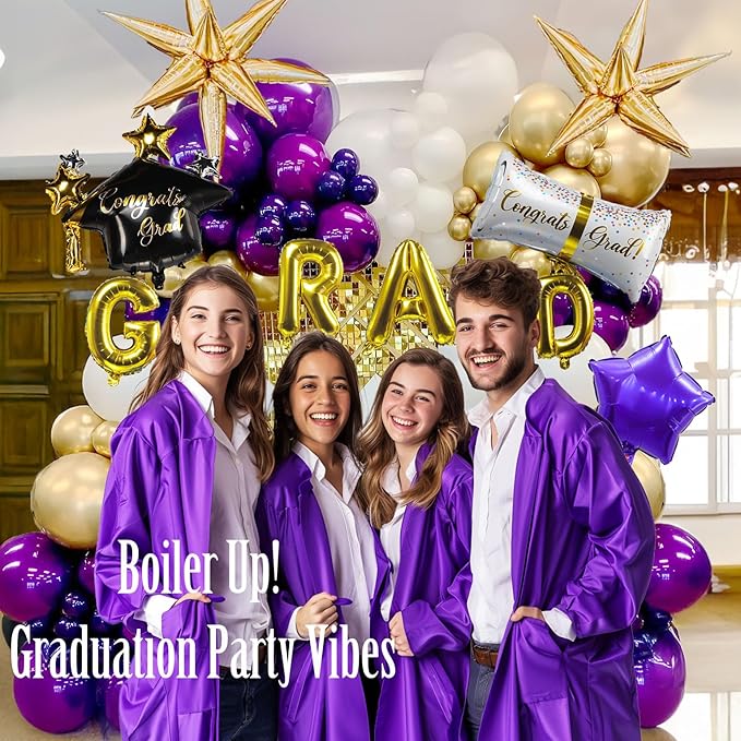 Purple Graduation Balloon Garland Arch Kit 115PCS with Graduation Star print Certificate Letter Mylar Foil Balloons for Graduate Class of 2026 Grad Prom party Decorations Supplies (Purple Gold White)