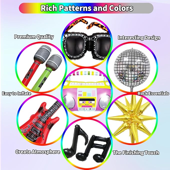 JOGAMS 80s 90s Party Decorations 165Pcs Balloons with Retro Inflatable Guitar Microphone Glasses Music Note Disco Ball Balloons for Back to 90s 80s Hip Hop Rock Theme Birthday Prom Party
