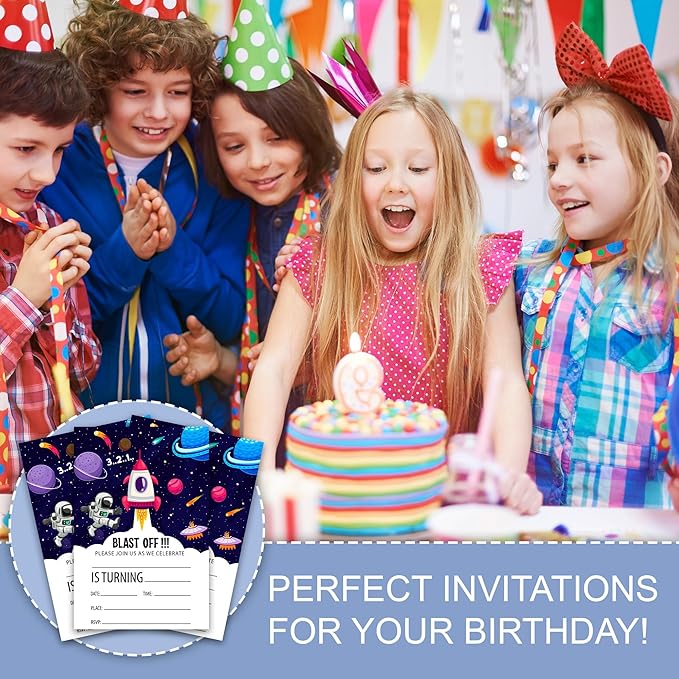 Outer Space Birthday Party Invitations, Planets Rocket Ship Astronaut Invitation Cards with Envelopes, Fits for Boys Girls Teen, Set of 20 Double Sided Printed & Fill In Blank-4 x 6, Party Supplies