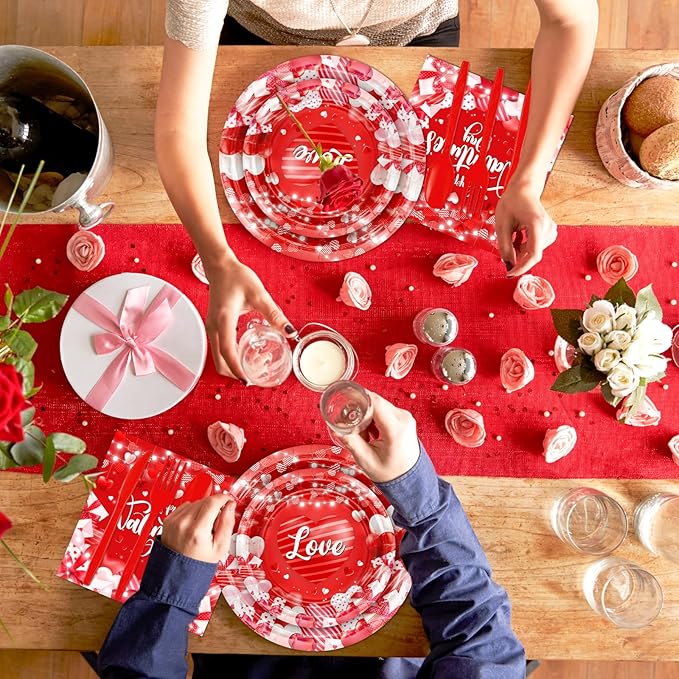 Valentine's Party Decorations 196 Pcs Valentines Plates and Napkins,Cups,Tablecloth Serve 24 Red Heart Valentine Banner Happy Valentine's Day Dinnerware Set Valentines Party Supplies
