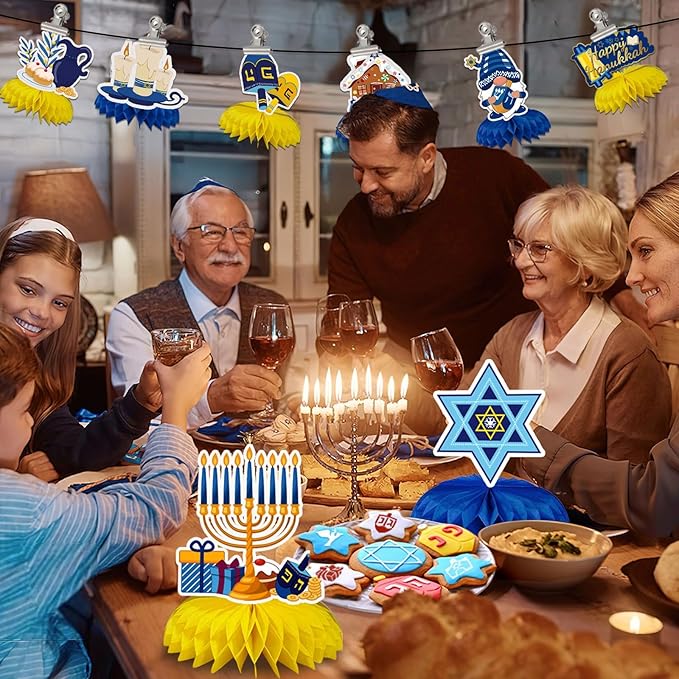 JULMELON 8PCS Hanukkah Table Decorations Honeycomb Centerpiece, Chanukah Decor Dreidel Menorah Table Toppers Happy Hanukkah Decorations for Home Party Favors Supplies
