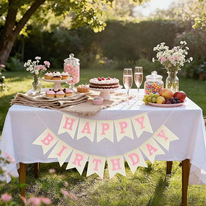 Anwyll Happy Birthday Banner - NO DIY Burlap Happy Birthday Banner Sign Happy Birthdays Party Decoration Happy Birthdays Banners Bunting for Women Girl Princess Celebration Party Backdrops (Pink)