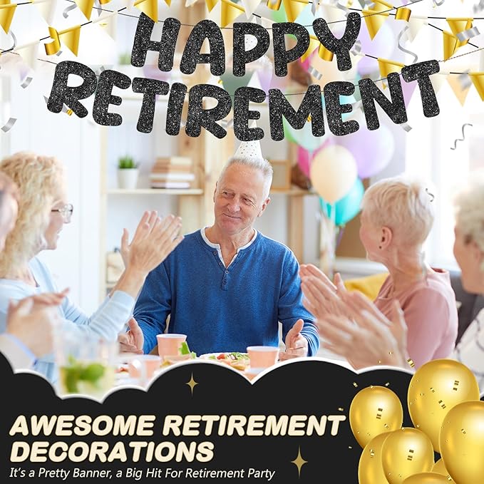 Fulmoon Pre Strung Happy Retirement Banner Glitter Retirement Sign Funny Official Retired Decor Party Decorations Supplies for Men Women Gifts (Black)
