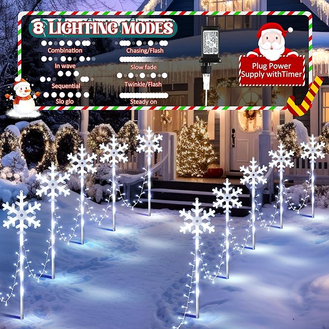 10 Pcs Christmas Snowflake Pathway Stake Lights for Outdoor Yard, 370 Bright LEDs Waterproof Large Christmas Snowflake Light Decoration for Garden Lawn Driveway Walkway Decor(Cool White)