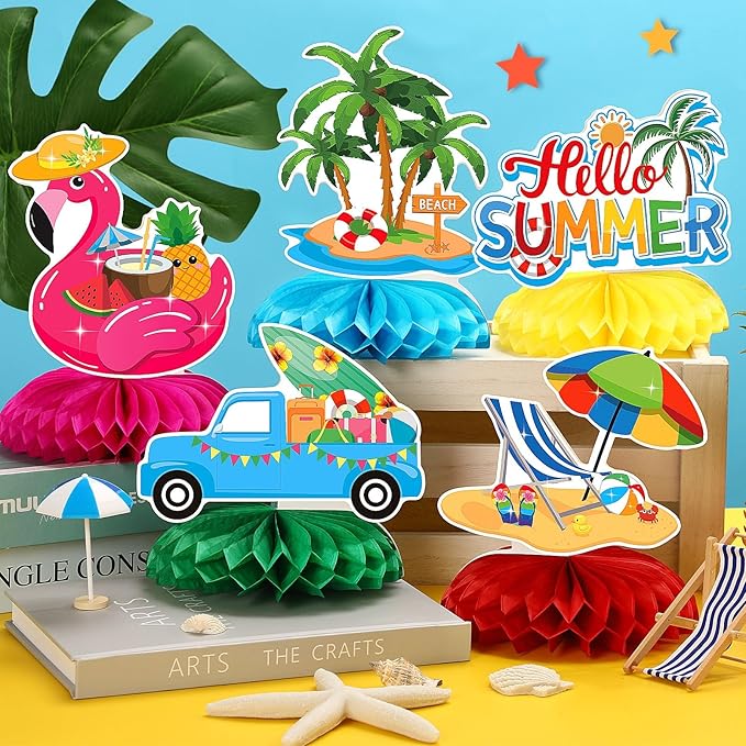 JULMELON 8PCS Summer Party Decorations Honeycomb Centerpiece, 3D Double Side Summer Beach Pool Party Table Toppers for Hawaiian Theme Party Decorations Hello Summer Beach Party Favors Supplies