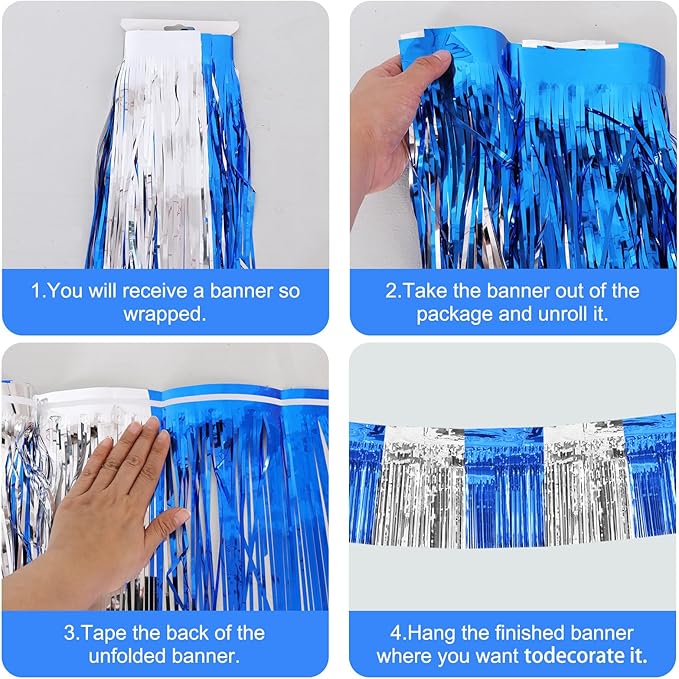 BEISHIDA 3 Packs Metallic Foil Fringe Garland Blue Silver Wall Hanging Tinsel Fringe Banners for Car Floats Bridal Shower Wedding Birthday Graduation Holiday Party Decoration(30 Feet)