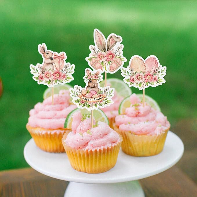 Ercadio 24Pcs Floral Easter Rabbit Bunny Ear Cupcake Toppers Rabbit Egg Happy Easter Cupcake Picks for Easter Day Spring Boys Girls Birthday Baby Shower Party Cake Cupcake Decors Supplies