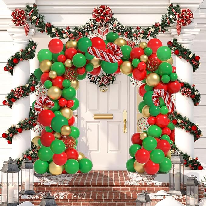 Christmas Balloons Garland Arch Kit, 116 Pcs Gold Red Green Confetti Balloons with Candy Cane Foil Balloon for Christmas Party Decorations Birthday Xmas Party Supplies