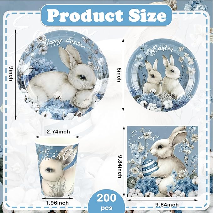 200 Pcs Easter Party Supplies Easter Bunny Hydrangea Decorations Disposable Plates Cups Napkins Set Rustic Farmhouse Tableware Serve 50 Guests Wildflowers Dinnerware for Spring Table Decor
