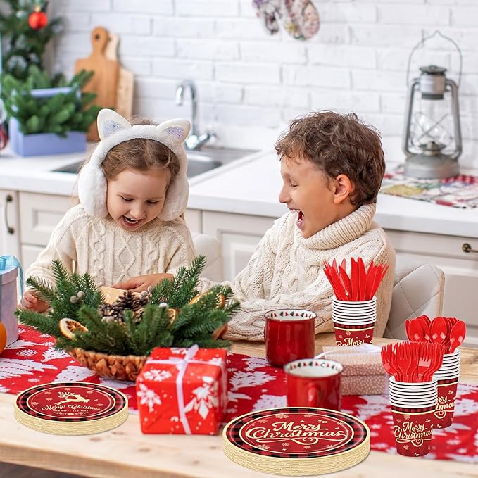 175 Pcs Merry Christmas Party Supplies Set - Serves 25, Festive Red and Black Plaid Disposable Tableware, Includes Paper Plates, Cups, Napkins, Forks, Spoons, Knives for Xmas Holiday Celebrations