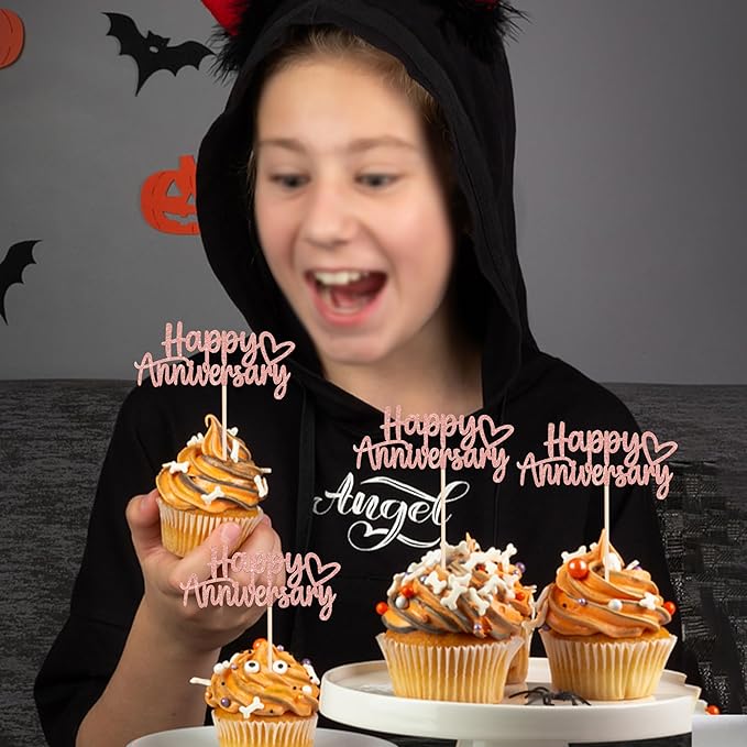 24 PCS Happy Anniversary Cupcake Toppers Glitter Wedding Anniversary Cupcake Picks Decorations for Wedding Anniversary Birthday Party Supplies Rose Gold