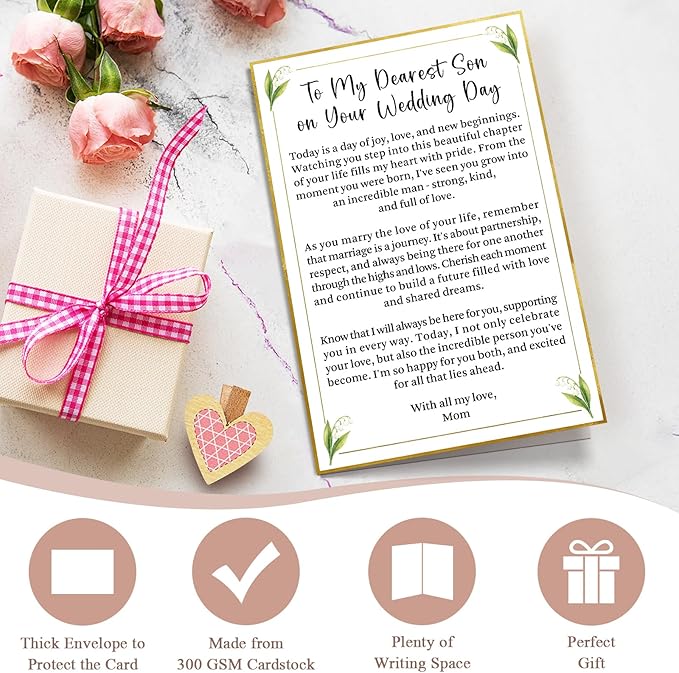 Romantic Son Wedding Card from Mom, Groom Card Gift from Mom, To My Dearest Son on Your Wedding Day