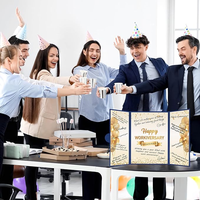 DARUNAXY Blue Gold Happy Workiversary Party Decorations, Happy Work Anniversary Alternative Signature Guest Book for Men Women Employee Business Gifts Signing Card Board for Office Supplies