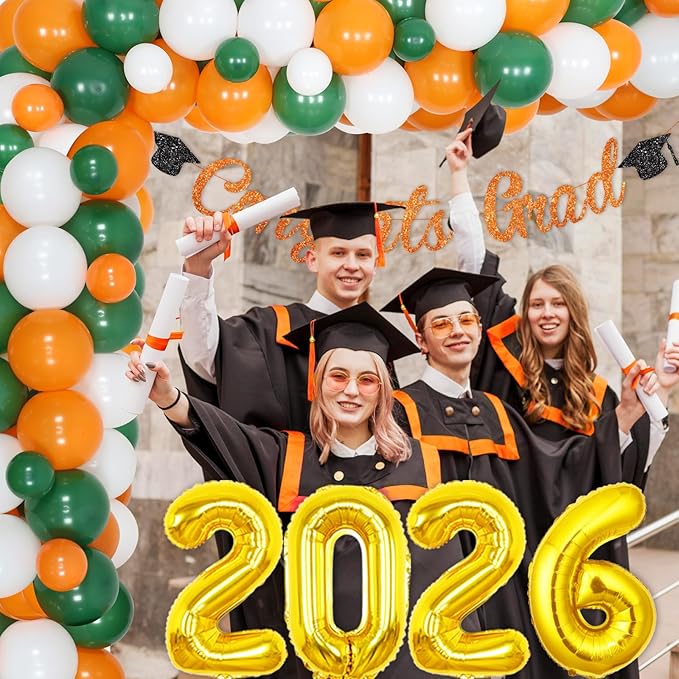 Kreatwow Graduation Decorations 2026 Orange and Green Balloon Garland Arch Kit Congrats Grad Banner Decorations Number 2026 Balloons for Class of 2026 High School College University Grad Party Decor