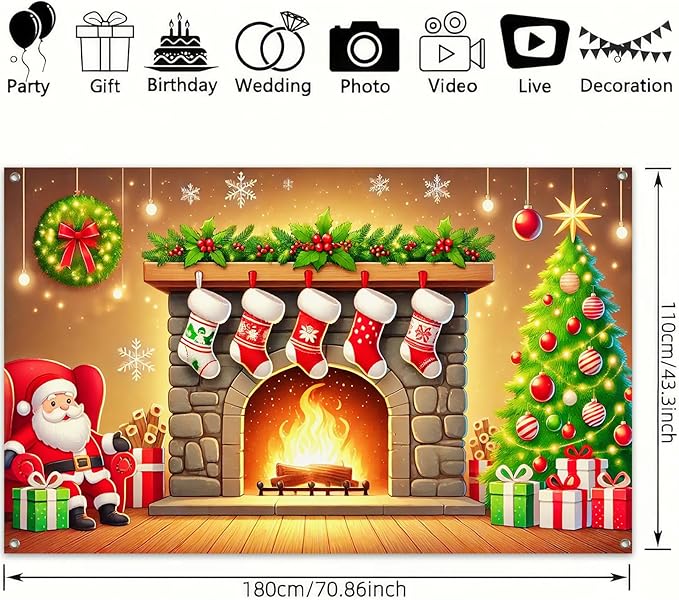 Christmas Banner Santa Claus Fireplace Stockings Tree Gifts Holiday Wall Backdrop Warm Decor Indoor Outdoor Photo Background Party Supplies Home Decoration 71 X 43 Inches
