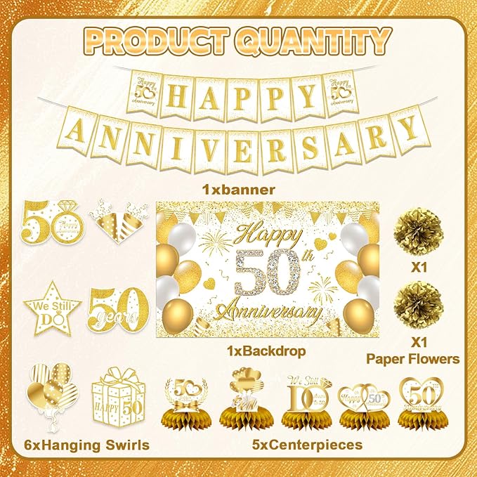 50th Anniversary Decorations, 50th Wedding Anniversary Party Supplies – White Gold Backdrop, Banner, Centerpieces, Hanging Swirls, Pom Poms for 50 Year Celebration (White Gold)
