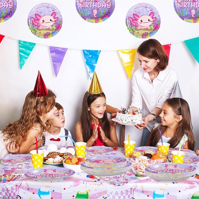 96Pcs Axolotl Birthday Party Supplies Pink Cartoon Axolotl Party Plates and Napkins Tableware Sets Reptile Animals Axolotl Party Decorations for Kids Girls Baby Shower Party Favors, Serves 24
