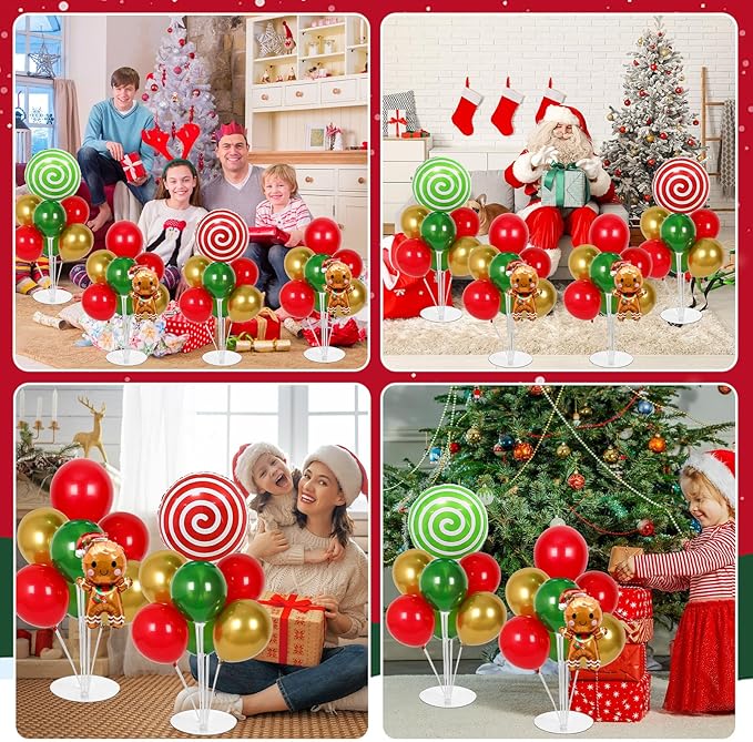4 Sets Christmas Party Balloons Stand Kit with Gingerbread Man Candy Foil Balloons Party Balloon Centerpiece for Tables for Xmas Holiday Birthday Party Christmas Themed Decorations