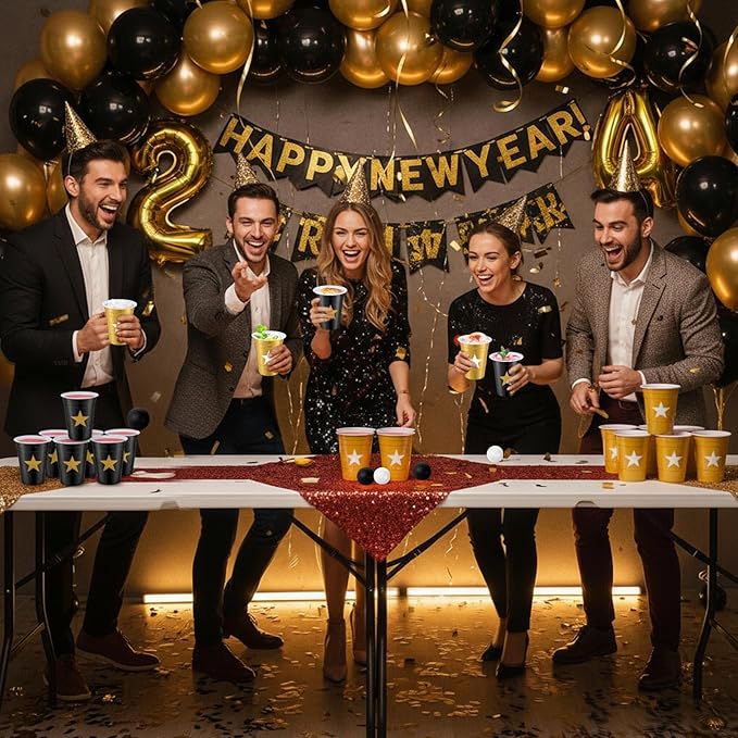 32 Pcs 2026 Graduation Party Star Game Set Include 16oz Black Gold Plastic Cups with 8 Balls, Plastic Cups for Graduation Party Decor Juice Beverage Outdoor Toss Game Supplies