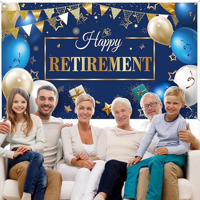 Blulu Retirement Party Decorations, Extra Large Fabric Retire Sign Banner Photo Booth Backdrop Background with Rope for Retirement Party Favor(72.8 x 43.3 Inches,Blue and Gold)
