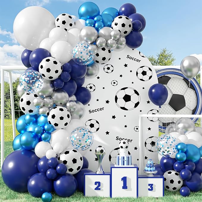 Soccer Balloon Arch Garland Kit, Soccer Party Decorations Blue White Silver Balloons Garland with Soccer Print Balloons for Kids Boys Men Sports Theme Birthday Party Decorations