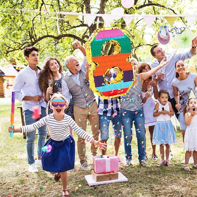 Rainbow Number 8 Pinata Rainbow Pinata with Bat Stick Blindfold for Kids 8th Birthday Party Supplies Fiesta Centerpieces Anniversary Celebrations (16.1 x 10.6 x 3.2 Inches)