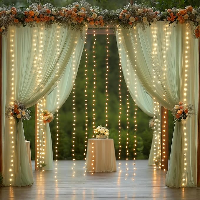 10x10FT Green Wrinkle Free Backdrop Curtains with Lights String for Parties - Photo Curtain Backdrop with Lights for Wedding Decorations, Bridal Baby Shower Birthday Party Photography Background