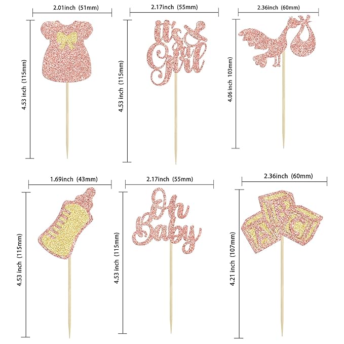 Gyufise 24Pcs Baby Shower Cupcake Toppers Glitter Bow Dress Baby Bottle Oh Baby Cupcake Picks It's a Girl Cake Decorations for Gender Reveal Baby Shower Kids Girls Birthday Party Supplies Rose Gold