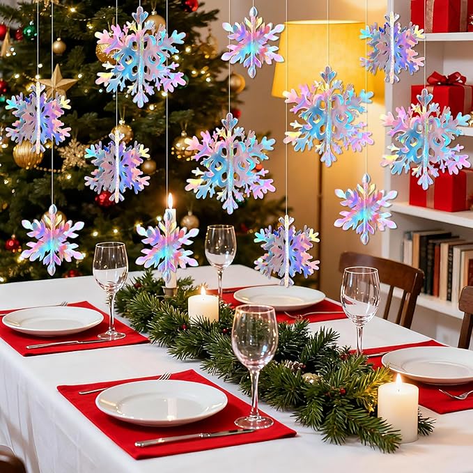 JULMELON 18PCS Christmas Hanging Snowflakes Decorations, 3D Holographic Paper Snowflakes Iridescent Snow Flakes Frozen Winter Wonderland Decorations for Christmas New Year's Birthdays Winter Parties