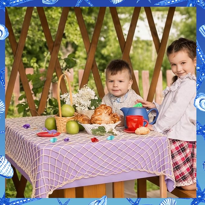 8 Pcs Fish Net Decorative Tablecloth Set, Ocean Waves Plastic Tablecloths with Cotton Fish Net Set for Nautical Themed Birthday Pirate Mermaid Party Decorations