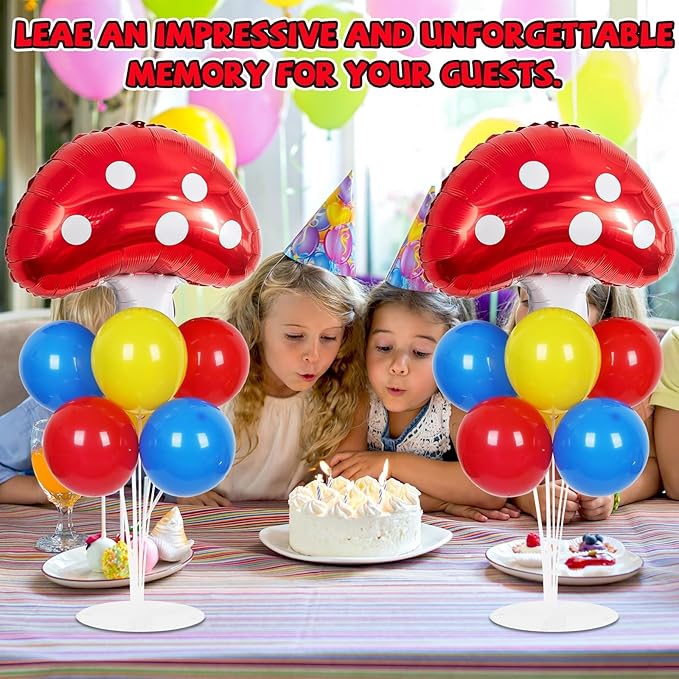 Mushroom Party Balloons Stand Kit 2 Sets with 2 Mushroom Foil Balloons Super Themed Brothers Balloon Centerpiece for Tables Spring Forest Plant Birthday Video Game Party Decorations
