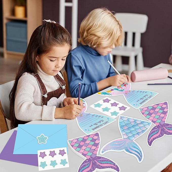Qyeahkj 36 Sets Mermaid Birthday Invitations with Mermaid Envelopes Stickers Little Mermaid Invitations for Kids Birthday Mermaid Party Baby Shower Decoration Pool Party Supplies