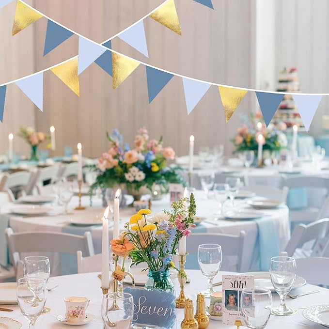 32Ft Dusty Blue Gold Party Decorations Dusty Blue Gold Triangle Banner Flag Pennant Fabric Garland Streamers for Nautical Birthday Ahoy Achor Bridal Baby Shower Sea Summer Graduation Party Decor