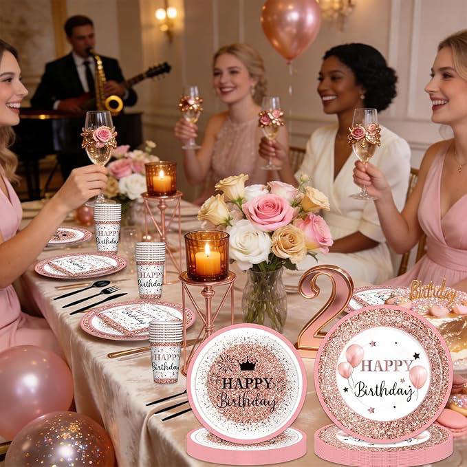 175-Piece Pink Rose Gold Birthday Party Supplies for 25 Guests – Disposable Plates, Cups, Napkins & Cutlery Set, Elegant Princess Party Tableware