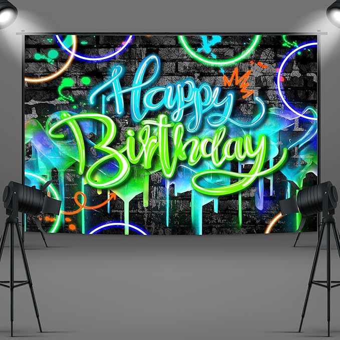 Imirell Neon Birthday Backdrop 7Wx5H Feet Glow-in-The-Dark Fluorescent Graffiti Fluid Brick Wall Funny Colorful Polyester Fabric Cool Photography Backgrounds Photo Shoot Decor Props Decoration